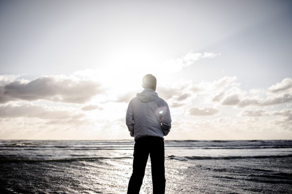 beach, sunset, man, back, jacket, hoodie, horizon, shore, seashore, sea, ocean, seascape, sunlight, clouds, sky, sun, vacation, travel, nature, water, man, back, back, back, back, back, hoodie, hoodie, hoodie