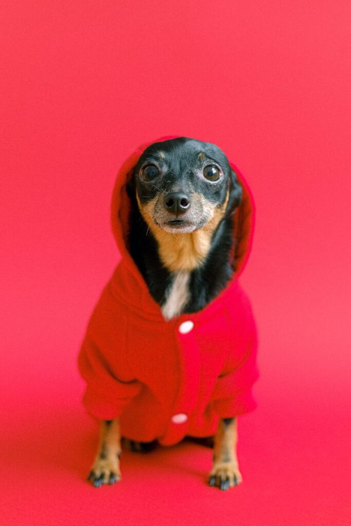 Adorable chihuahua dressed in a red hoodie on a matching red background, front view.