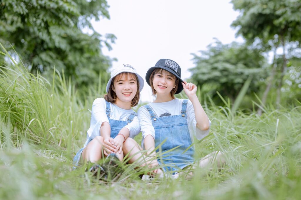 girls, pair, friends, sisters, portrait, asian, young women, friendship, sisterhood, matching, matching outfits, fashion, style, models, modeling, pose, posing, grass, nature, outdoors, smile, smiling, sisters, sisterhood, sisterhood, matching outfits, matching outfits, matching outfits, matching outfits, matching outfits