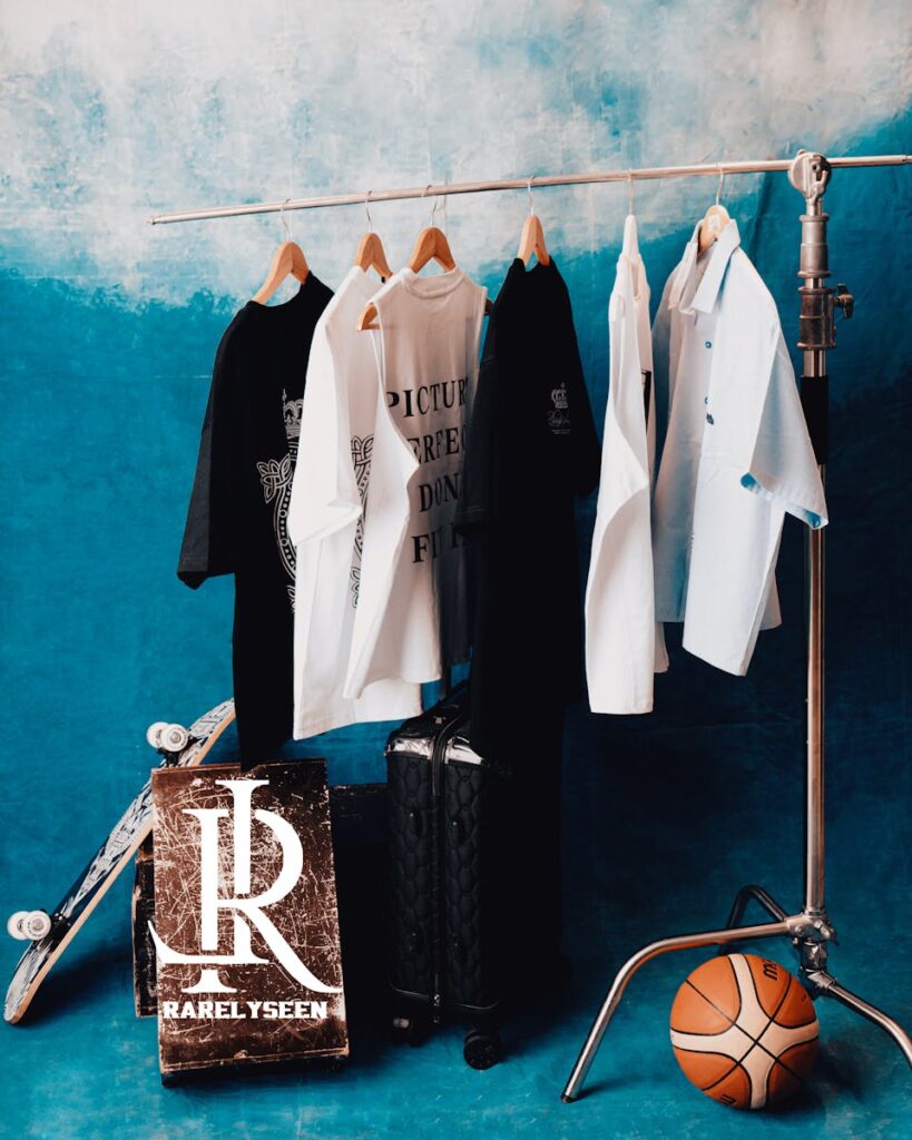 Stylish clothes on a rack with skateboard, suitcase, and basketball in a modern vibrant setting.