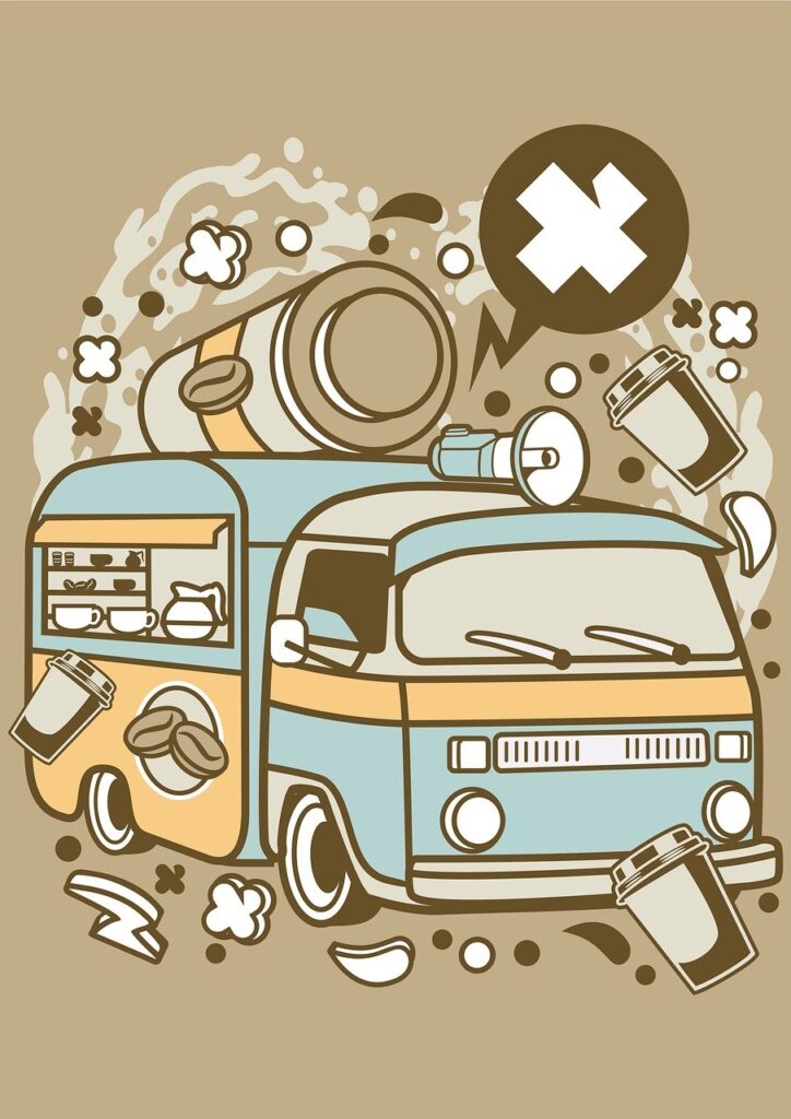 coffee van design, t-shirt design, coffee t-shirt, graphic design, coffee shop merch, custom apparel, coffee lover gifts, t-shirt printing, design inspiration, casual wear, coffee art, trendy t-shirts, coffee culture, print on demand, apparel design, fashion design, artistic tees, creative t-shirts, coffee graphics
