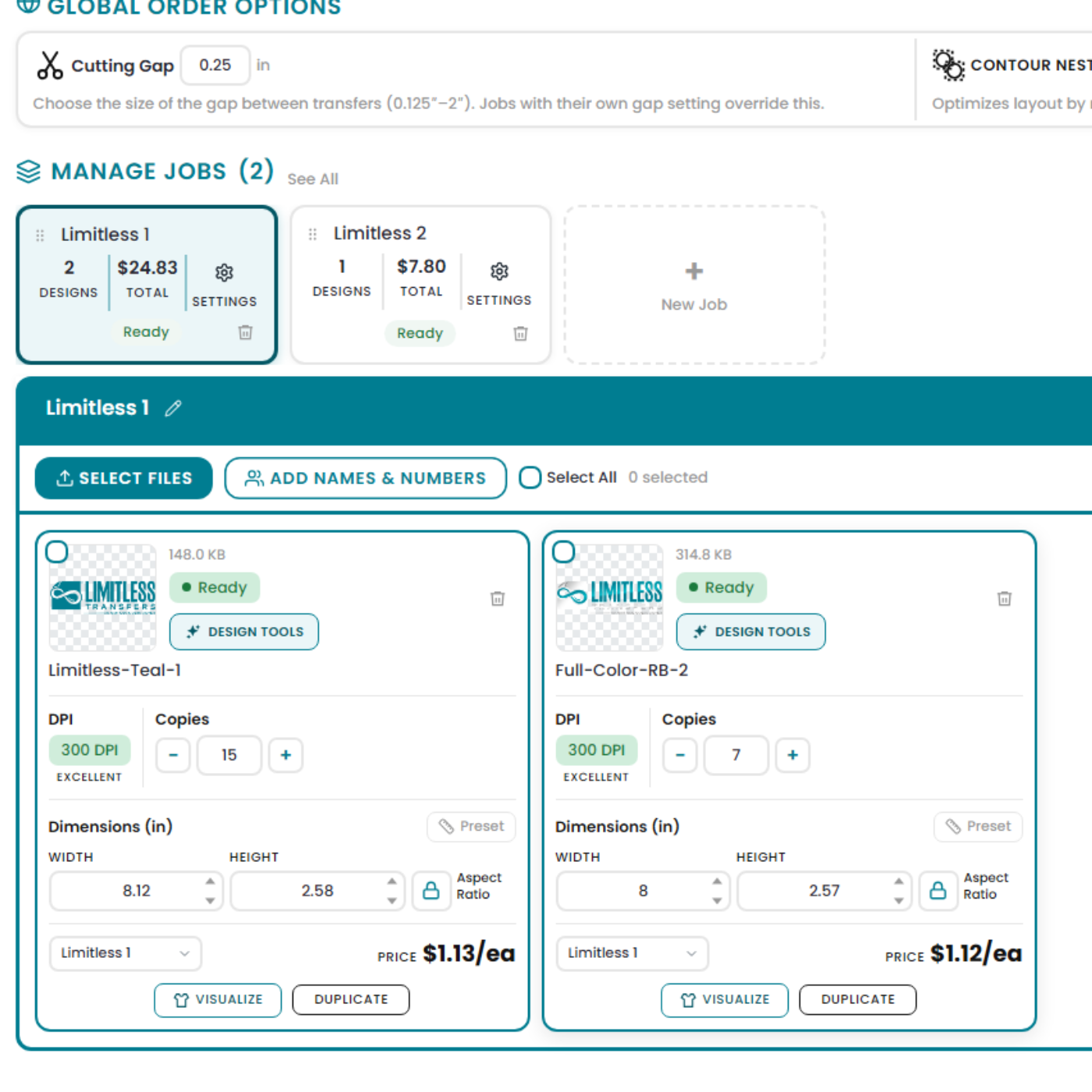 Limitless Order Builder job grouping interface